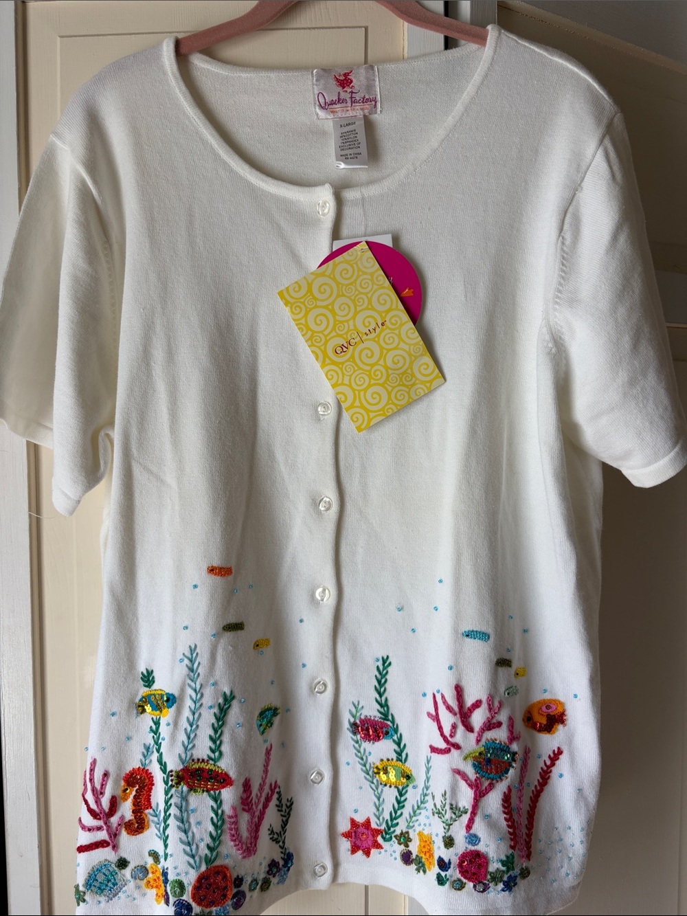 NWT Quacker Factory Embroidered/Sequins Button Front Short Sleeve Top in White X